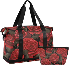 ALAZA Red Rose Black Background Gym Bag Sports Duffel Bag with Shoes Compartment, Overnight Weekender Travel Tote Bag for Women Men Trip College
