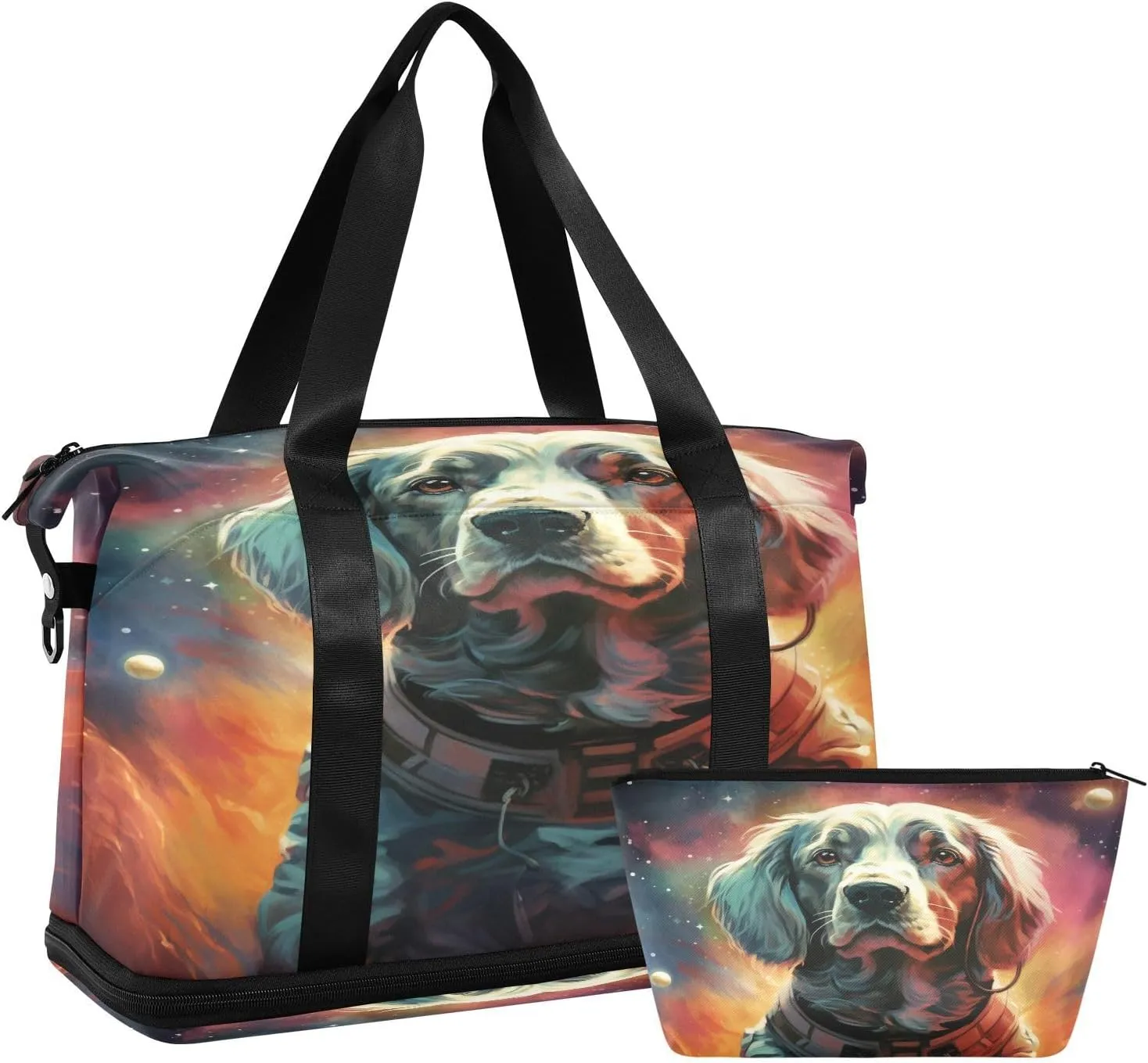 ALAZA Retro Dog and Galaxy Gym Bag Sports Duffel Bag with Shoes Compartment, Overnight Weekender Travel Tote Bag for Women Men Trip College