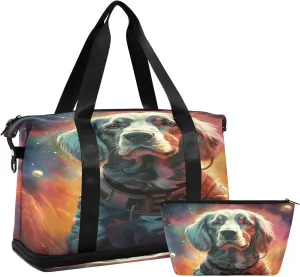 ALAZA Retro Dog and Galaxy Gym Bag Sports Duffel Bag with Shoes Compartment, Overnight Weekender Travel Tote Bag for Women Men Trip College