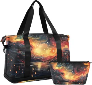 ALAZA Romantic Music Notes Vintage Gym Bag Sports Duffel Bag with Shoes Compartment, Overnight Weekender Travel Tote Bag for Women Men Trip College