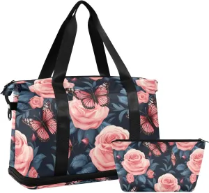 ALAZA Rose Butterfly Blue Leaves Gym Bag Sports Duffel Bag with Shoes Compartment, Overnight Weekender Travel Tote Bag for Women Men Trip College