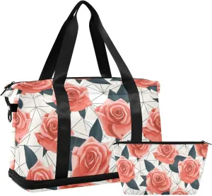 ALAZA Rose Geometric White Gym Bag Sports Duffel Bag with Shoes Compartment, Overnight Weekender Travel Tote Bag for Women Men Trip College