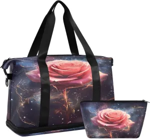 ALAZA Rose on Space Background Gym Bag Sports Duffel Bag with Shoes Compartment, Overnight Weekender Travel Tote Bag for Women Men Trip College