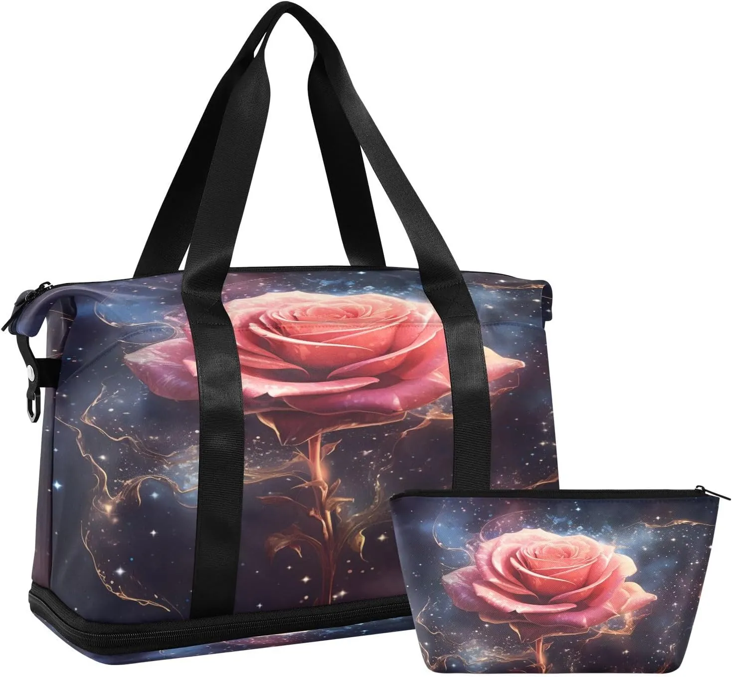 ALAZA Rose on Space Background Gym Bag Sports Duffel Bag with Shoes Compartment, Overnight Weekender Travel Tote Bag for Women Men Trip College