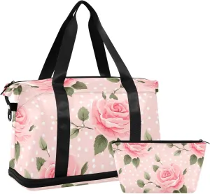 ALAZA Rose Polka Dots Vintage Gym Bag Sports Duffel Bag with Shoes Compartment, Overnight Weekender Travel Tote Bag for Women Men Trip College