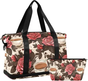 ALAZA Roses and Coffee Cups Gym Bag Sports Duffel Bag with Shoes Compartment, Overnight Weekender Travel Tote Bag for Women Men Trip College