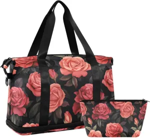 ALAZA Roses on Black Background Gym Bag Sports Duffel Bag with Shoes Compartment, Overnight Weekender Travel Tote Bag for Women Men Trip College