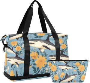 ALAZA Sharks and Sunflowers Gym Bag Sports Duffel Bag with Shoes Compartment, Overnight Weekender Travel Tote Bag for Women Men Trip College
