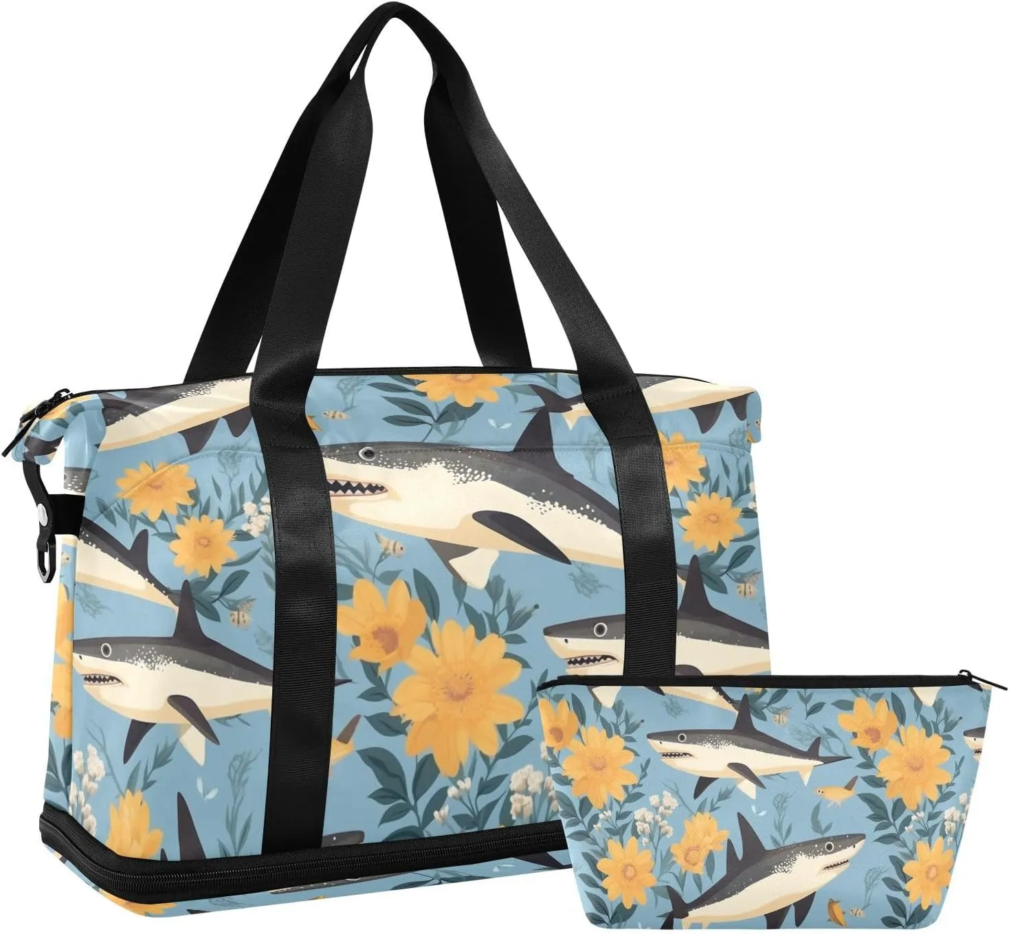 ALAZA Sharks and Sunflowers Gym Bag Sports Duffel Bag with Shoes Compartment, Overnight Weekender Travel Tote Bag for Women Men Trip College