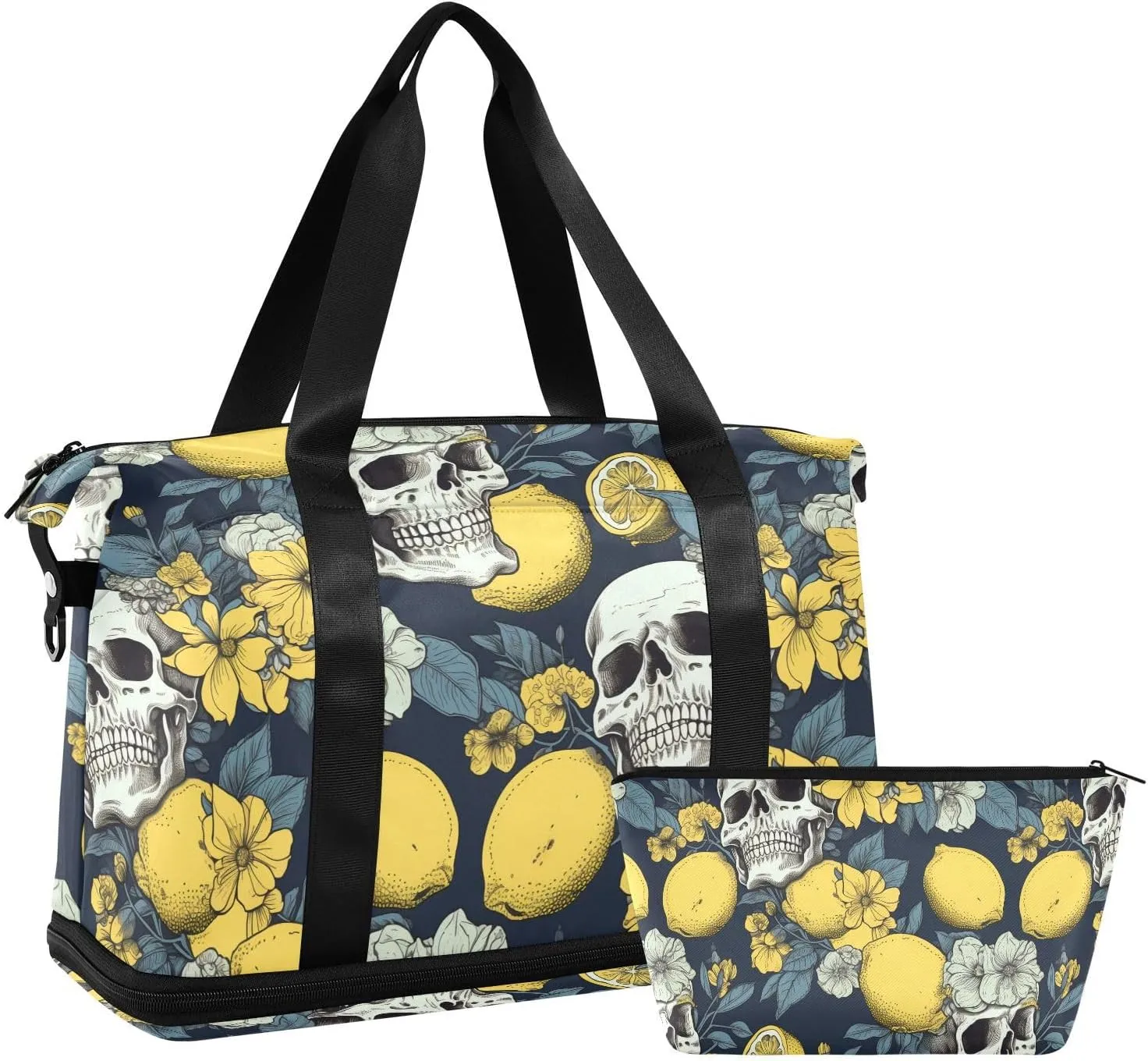 ALAZA Skull Flowers Lemon Gym Bag Sports Duffel Bag with Shoes Compartment, Overnight Weekender Travel Tote Bag for Women Men Trip College