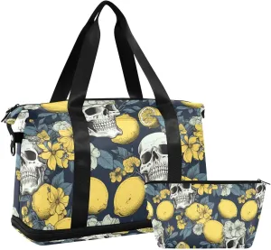 ALAZA Skull Flowers Lemon Gym Bag Sports Duffel Bag with Shoes Compartment, Overnight Weekender Travel Tote Bag for Women Men Trip College
