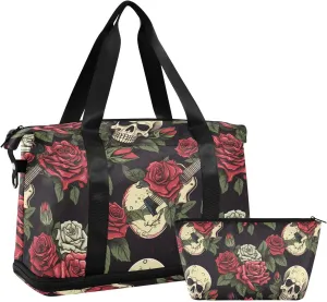 ALAZA Skull Roses Guitar Vintage Gym Bag Sports Duffel Bag with Shoes Compartment, Overnight Weekender Travel Tote Bag for Women Men Trip College