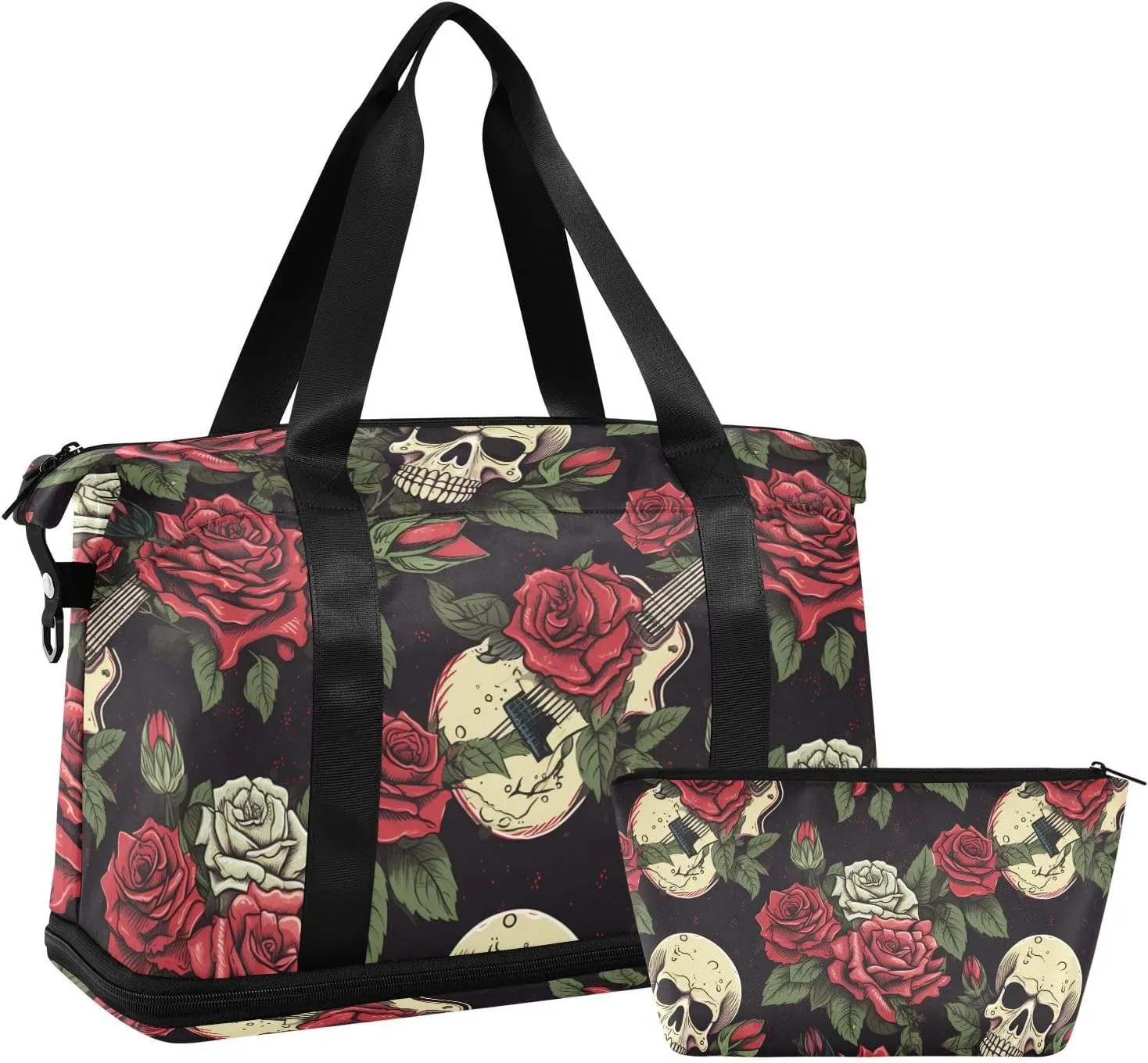 ALAZA Skull Roses Guitar Vintage Gym Bag Sports Duffel Bag with Shoes Compartment, Overnight Weekender Travel Tote Bag for Women Men Trip College
