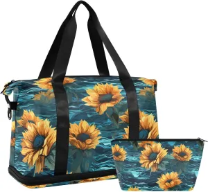 ALAZA Sunflower Flowers Ocean Waves Gym Bag Sports Duffel Bag with Shoes Compartment, Overnight Weekender Travel Tote Bag for Women Men Trip College