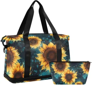 ALAZA Sunflowers Flowers Blue Geometric Gym Bag Sports Duffel Bag with Shoes Compartment, Overnight Weekender Travel Tote Bag for Women Men Trip College