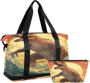ALAZA Surfing Dinosaur Ocean Wave Gym Bag Sports Duffel Bag with Shoes Compartment, Overnight Weekender Travel Tote Bag for Women Men Trip College