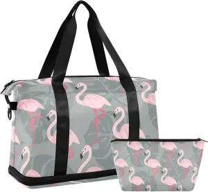 ALAZA Tropical Bird Flamingo Leaf Gym Bag Sports Duffel Bag with Shoes Compartment, Overnight Weekender Travel Tote Bag for Women Men Trip College
