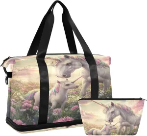 ALAZA Unicorns Flowers Mountain Gym Bag Sports Duffel Bag with Shoes Compartment, Overnight Weekender Travel Tote Bag for Women Men Trip College