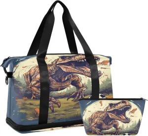 ALAZA Vintage Dinosaur and Football Gym Bag Sports Duffel Bag with Shoes Compartment, Overnight Weekender Travel Tote Bag for Women Men Trip College