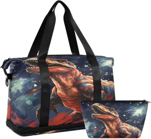ALAZA Vintage Dinosaur and Stars Gym Bag Sports Duffel Bag with Shoes Compartment, Overnight Weekender Travel Tote Bag for Women Men Trip College