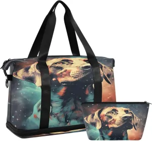 ALAZA Vintage Dog and Galaxy Gym Bag Sports Duffel Bag with Shoes Compartment, Overnight Weekender Travel Tote Bag for Women Men Trip College
