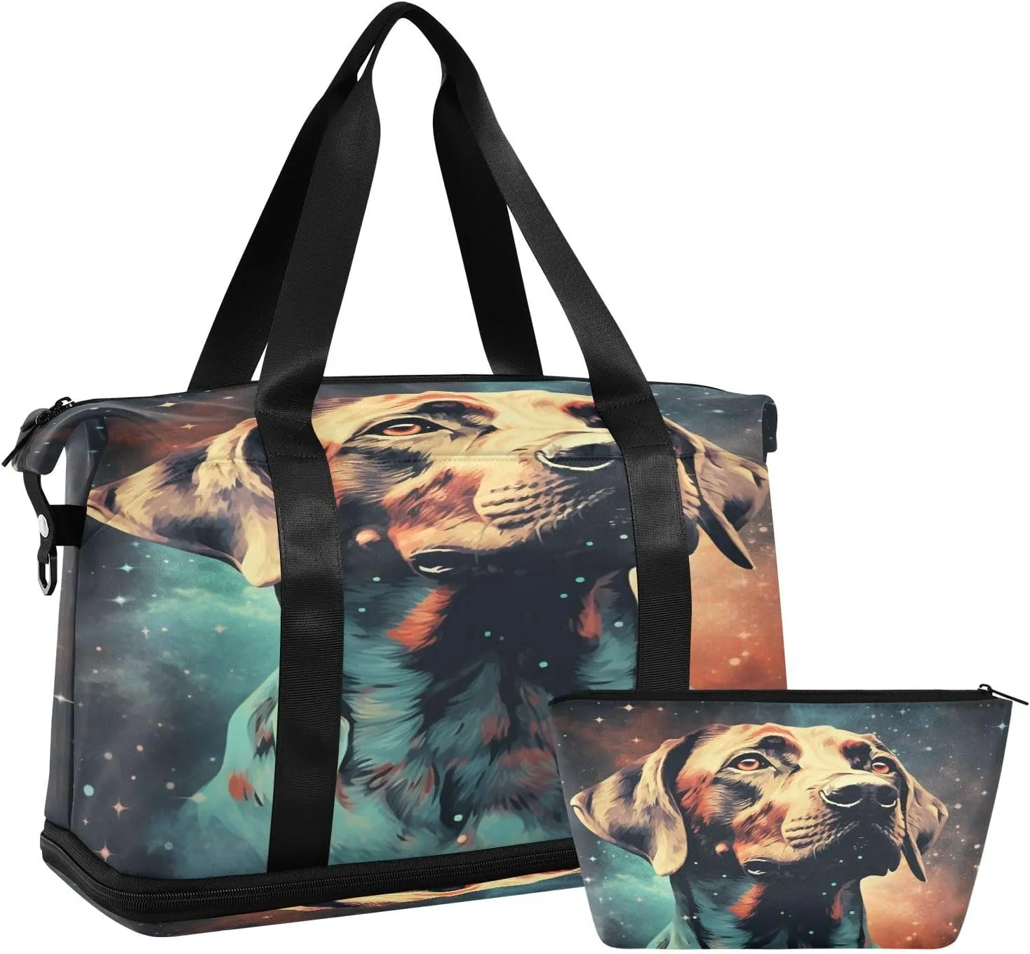 ALAZA Vintage Dog and Galaxy Gym Bag Sports Duffel Bag with Shoes Compartment, Overnight Weekender Travel Tote Bag for Women Men Trip College