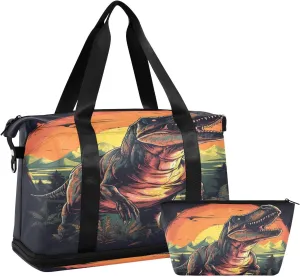 ALAZA Vintage Roar Dinosaur Gym Bag Sports Duffel Bag with Shoes Compartment, Overnight Weekender Travel Tote Bag for Women Men Trip College