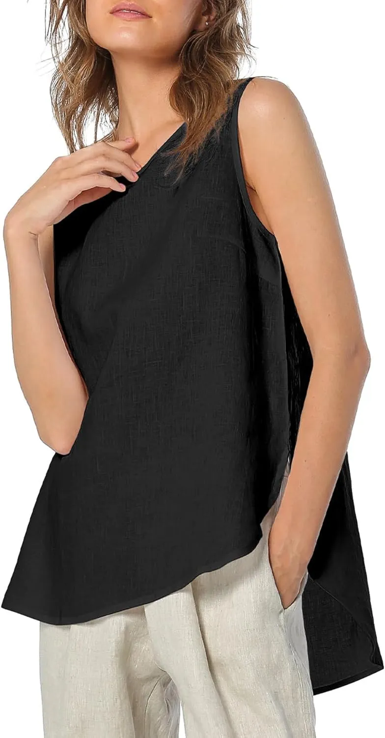 Amazhiyu Womens 100% Linen Tank Tops Casual Crewneck Sleeveless Blouses Summer