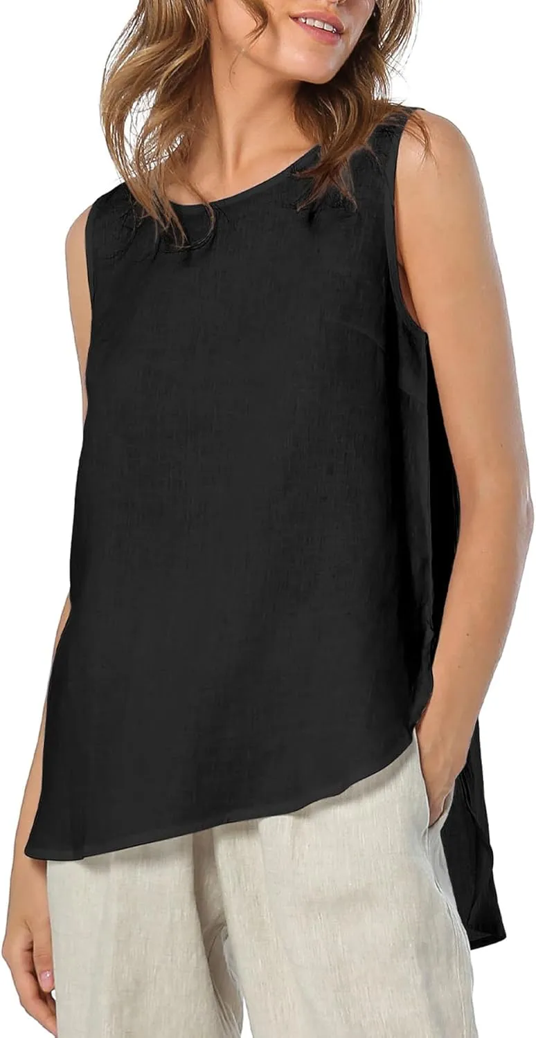 Amazhiyu Womens 100% Linen Tank Tops Casual Crewneck Sleeveless Blouses Summer