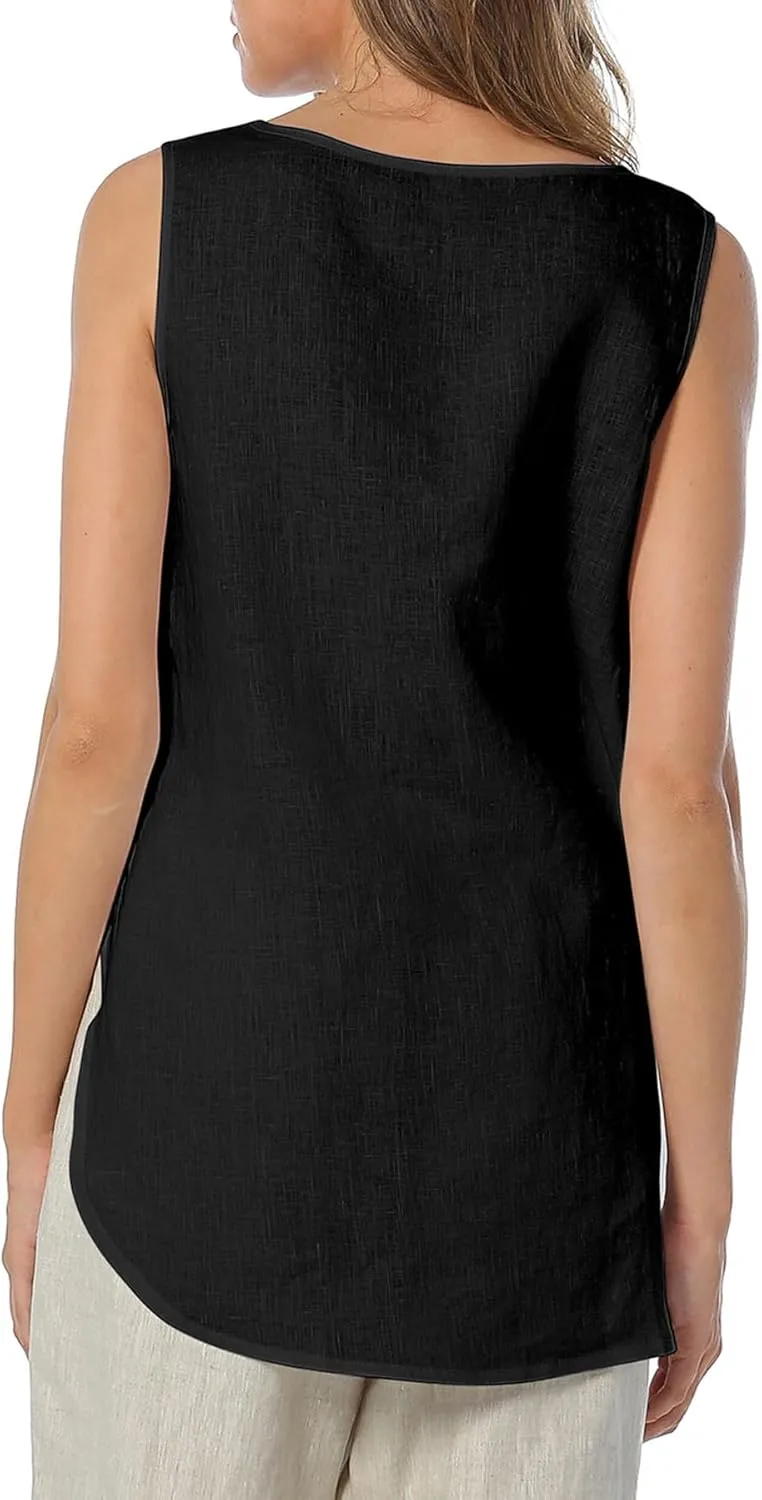 Amazhiyu Womens 100% Linen Tank Tops Casual Crewneck Sleeveless Blouses Summer