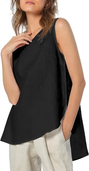 Amazhiyu Womens 100% Linen Tank Tops Casual Crewneck Sleeveless Blouses Summer