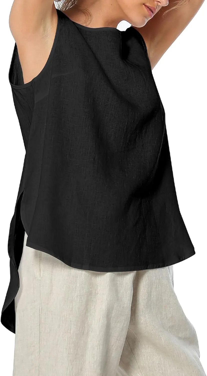 Amazhiyu Womens 100% Linen Tank Tops Casual Crewneck Sleeveless Blouses Summer