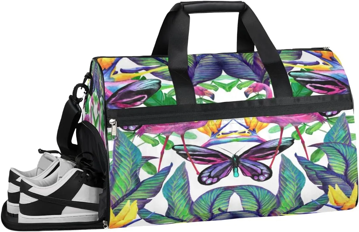 Animal Flamingo Bird Butterfly Gym Bag for Men Women Fitness Workout Sports Duffle Bag with Shoes Compartment Water Resistant Overnight Weekender Duffel Bag