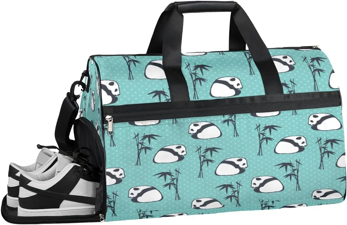 Bamboo Panda Resistant Sports Gym Bag for Women Men Travel Duffel bag with Wet Pocket & Shoes Compartment Waterproof Weekender Bag 19.7"x9.9"x13"