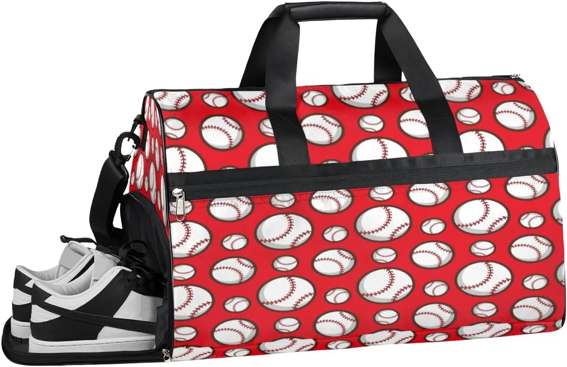 Baseball Bright Red Gym Bag for Men Women Fitness Workout Sports Duffle Bag with Shoes Compartment Water Resistant Overnight Weekender Duffel Bag