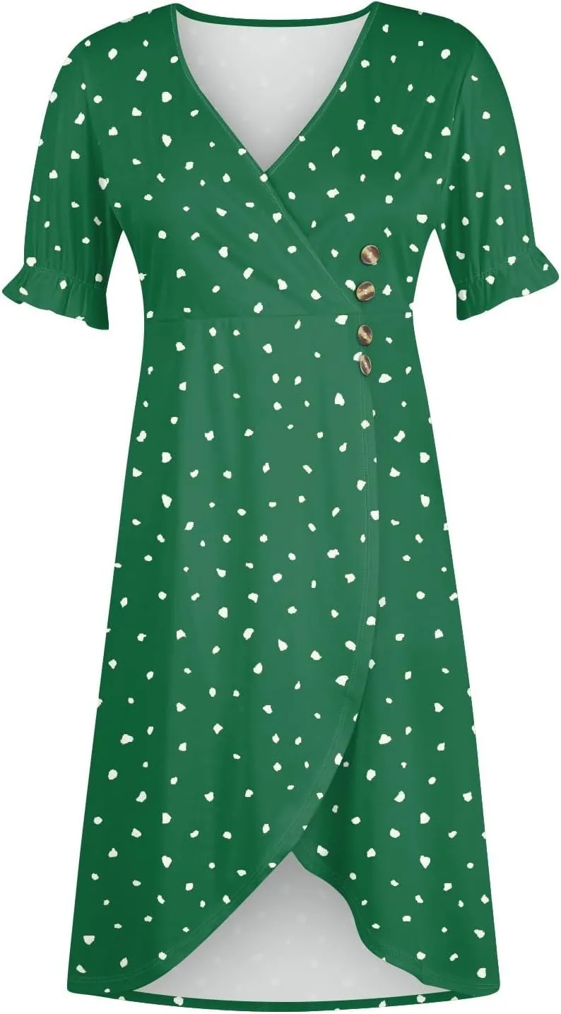 Beach Dresses for Women,2025 Spring Trendy Floral Boho Dress,Elegant V Neck Short Sleeve Irregular Hem Midi Dress