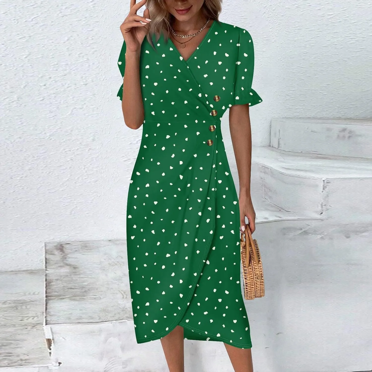 Beach Dresses for Women,2025 Spring Trendy Floral Boho Dress,Elegant V Neck Short Sleeve Irregular Hem Midi Dress