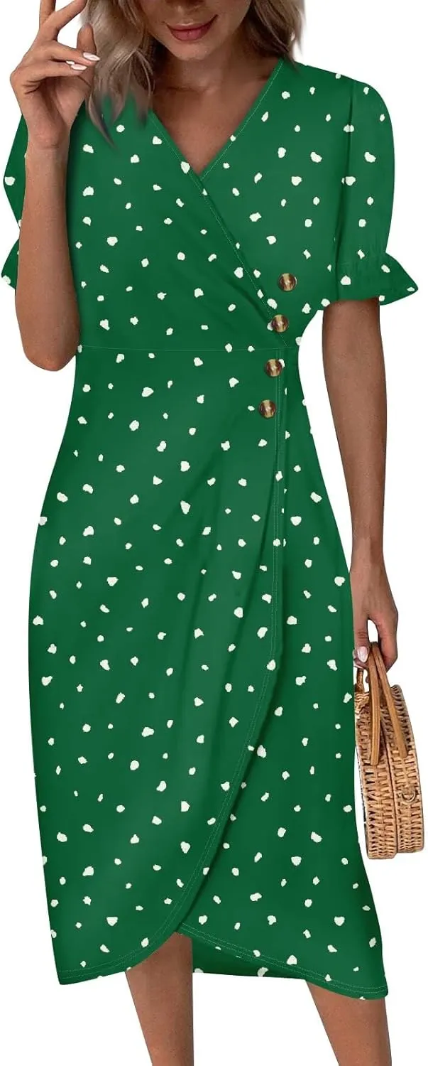 Beach Dresses for Women,2025 Spring Trendy Floral Boho Dress,Elegant V Neck Short Sleeve Irregular Hem Midi Dress