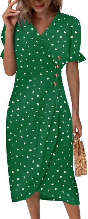Beach Dresses for Women,2025 Spring Trendy Floral Boho Dress,Elegant V Neck Short Sleeve Irregular Hem Midi Dress