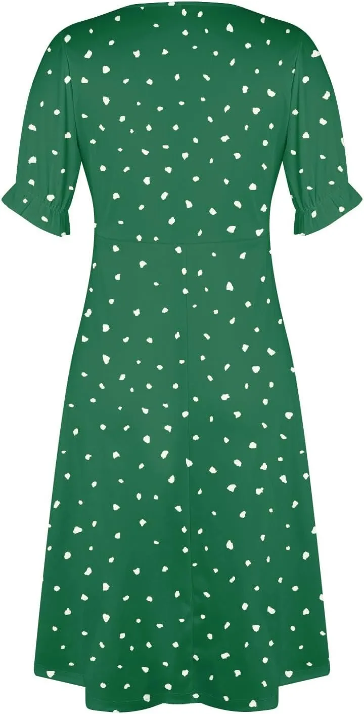Beach Dresses for Women,2025 Spring Trendy Floral Boho Dress,Elegant V Neck Short Sleeve Irregular Hem Midi Dress