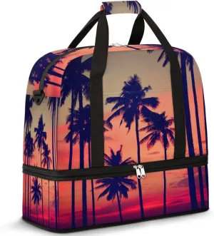 Beach Palm Tree Sunset Foldable Travel Duffel Bag Tote Carry on Luggage Sport Duffle for Women Men Gym Bag Overnight Weekender Bags with Shoe Compartments and Shoulder Strap