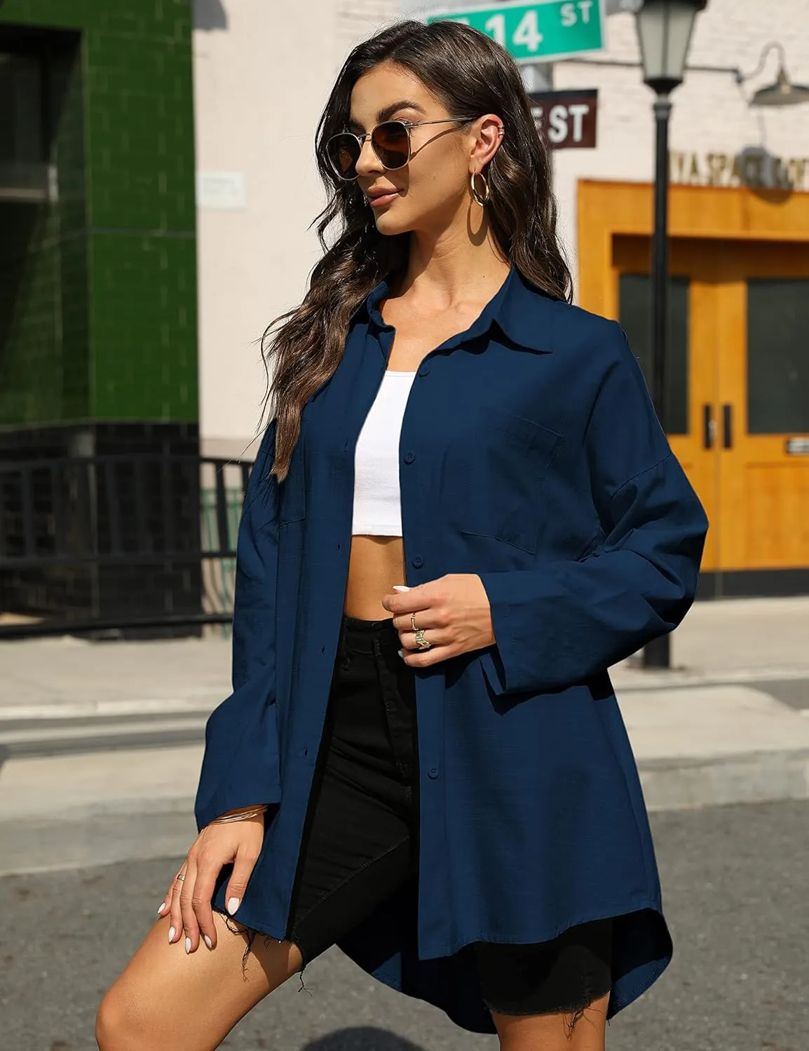 Bianstore Women's Oversized Linen Shirts Blouses Tops Long Sleeve High Low Button Up Shirts