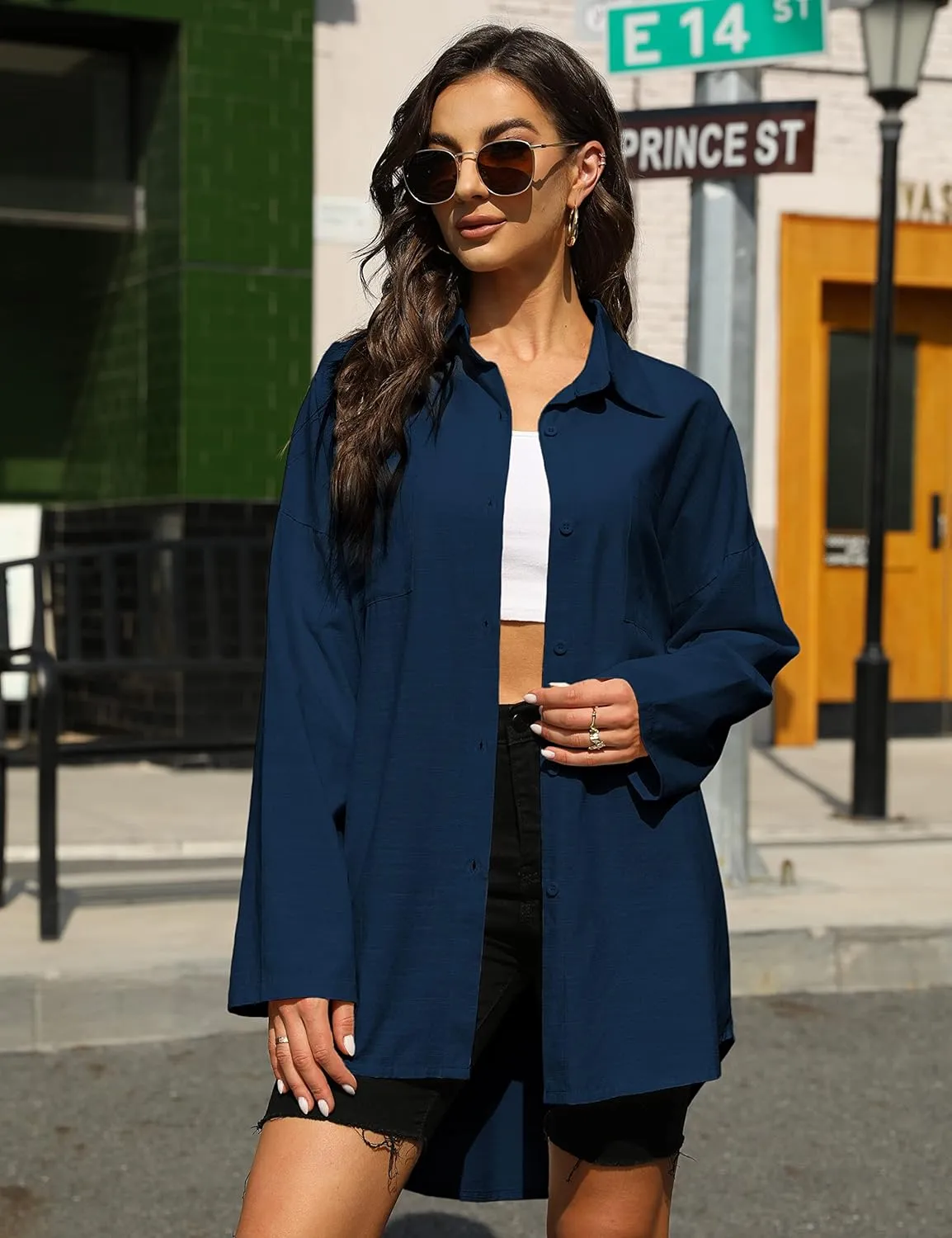 Bianstore Women's Oversized Linen Shirts Blouses Tops Long Sleeve High Low Button Up Shirts