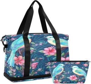 Blue Birds with Flowers Gym Bag for Men Women with Shoes Compartment & Wet Pocket Sport Travel Duffel Bag Waterproof Weekender Overnight Bag