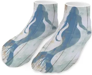 Blue Mermaid On Wood Printed Ankle Socks No Show Sock Low-Cut Athletic Socks for Men Women 1 Pair