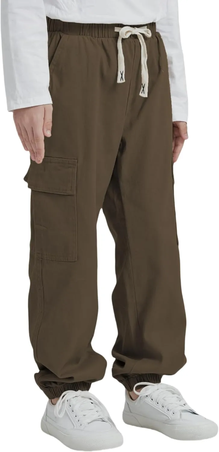Boy's Cargo Joggers Pants Elastic Waist Casual Drawstring School Outdoor Youth Twill Baggy Pants Size 8-16