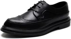 Brogue Oxford for Men Retro Dress Shoes Lace up Microfiber Leather Flat Pointed Toe Rubber Sole Platform Perforated Burnished Style Fashion (Color : Black, Size : 8 M US)