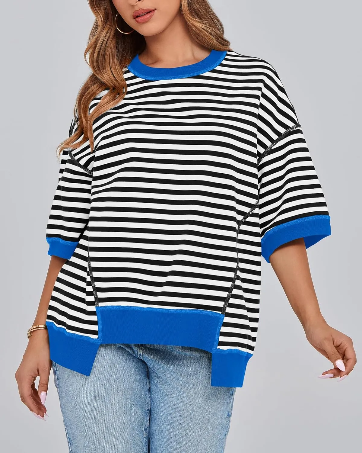 BTFBM Women Oversized Striped T Shirts Short Sleeve Summer Tops Casual Loose Crewneck High Low Hem Color Block Y2k Tees