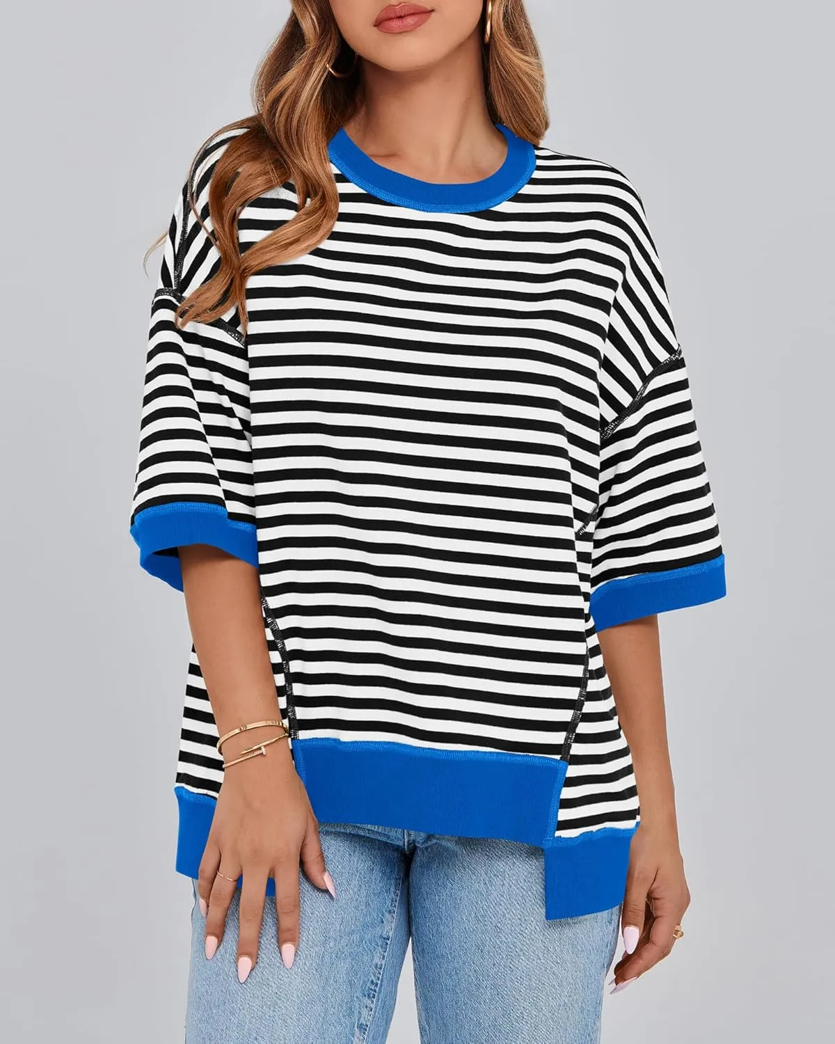 BTFBM Women Oversized Striped T Shirts Short Sleeve Summer Tops Casual Loose Crewneck High Low Hem Color Block Y2k Tees