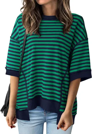 BTFBM Women Oversized Striped T Shirts Short Sleeve Summer Tops Casual Loose Crewneck High Low Hem Color Block Y2k Tees